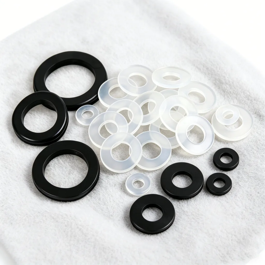 A collection of black and clear round washers in various sizes placed on a soft white surface.