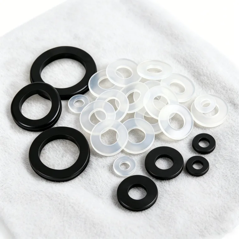 A collection of black and clear round washers in various sizes placed on a soft white surface.