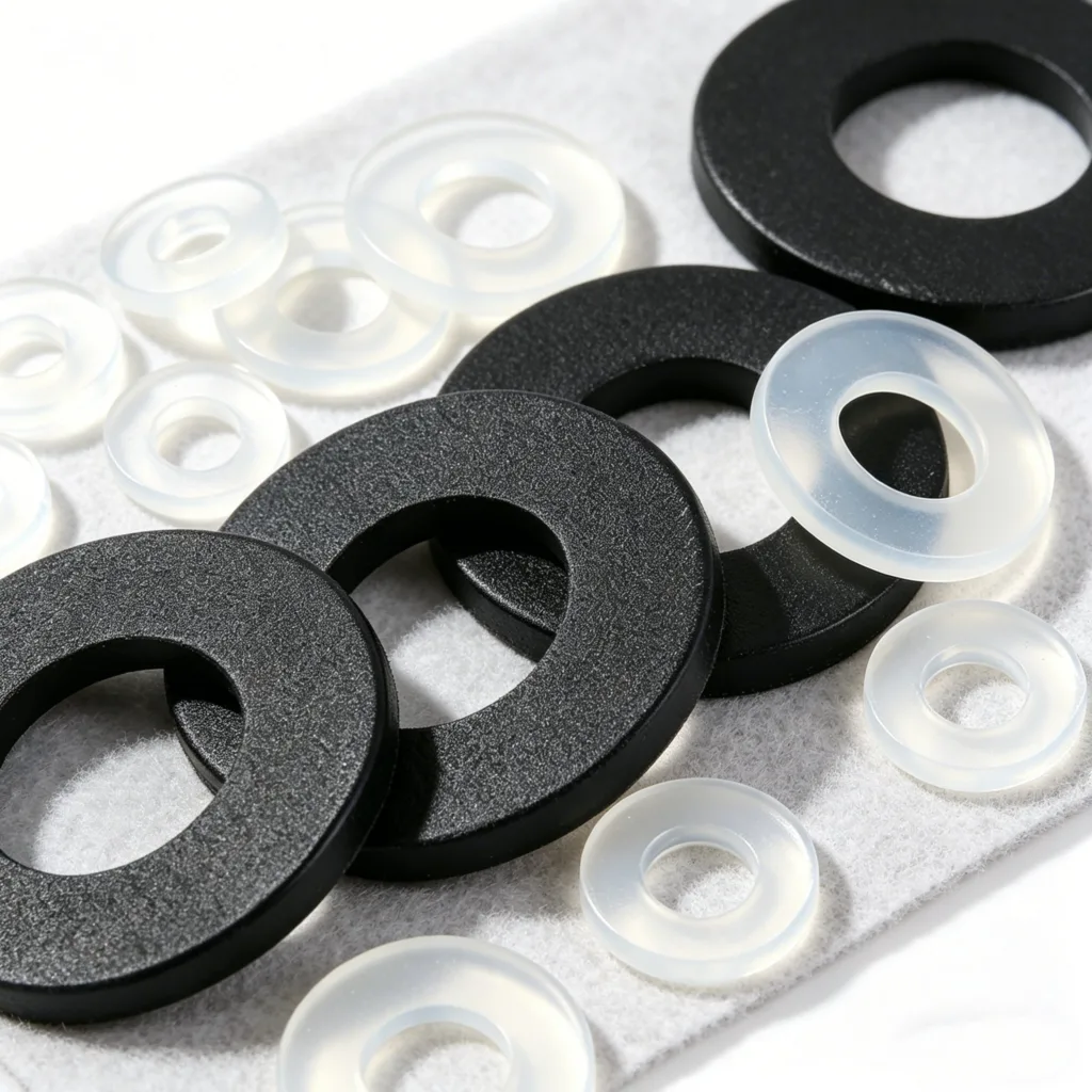 Close-up of black and clear washers arranged on a textured white surface, emphasizing contrast between materials.