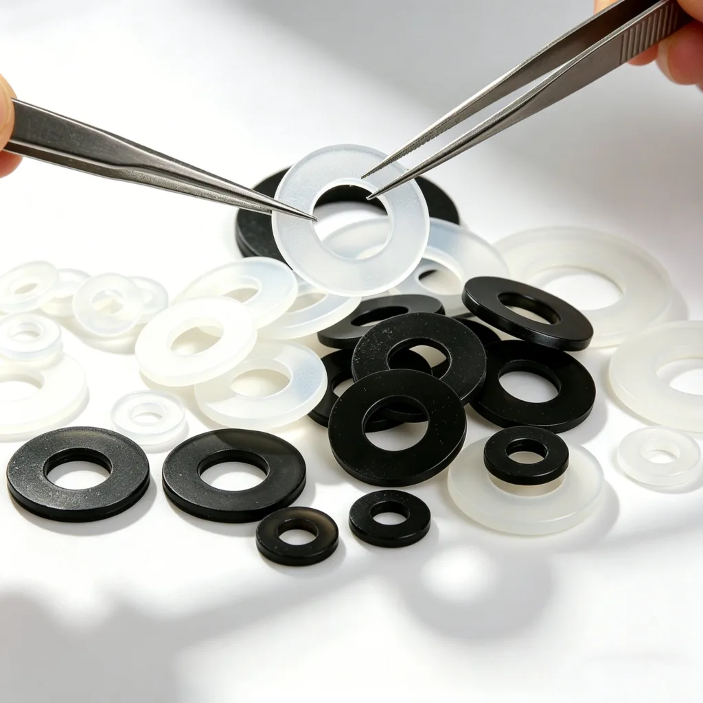 Close-up of black and white washers placed on a surface, with a pair of tweezers holding a translucent washer for inspection.