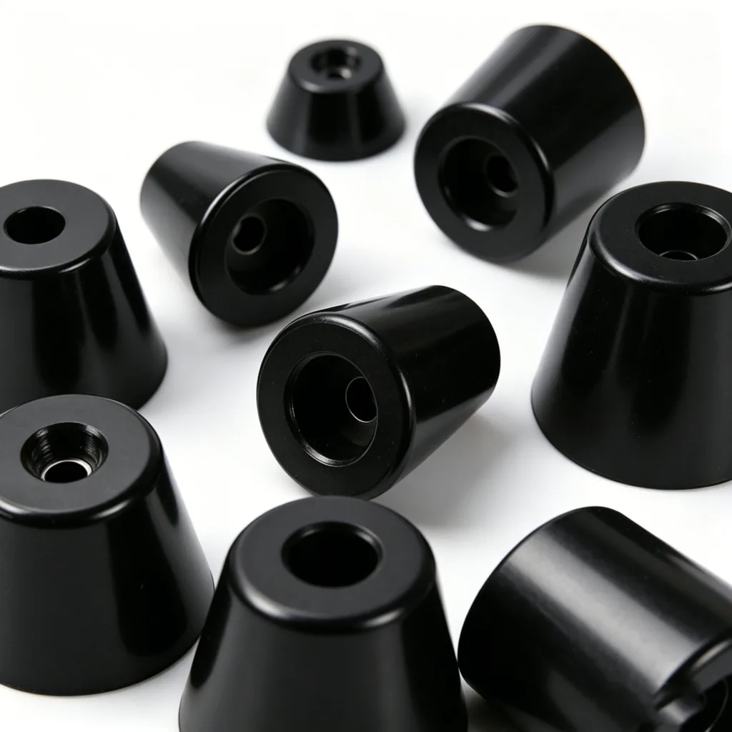 Several black conical and cylindrical components arranged on a white surface, showcasing smooth finishes and hollow centers.