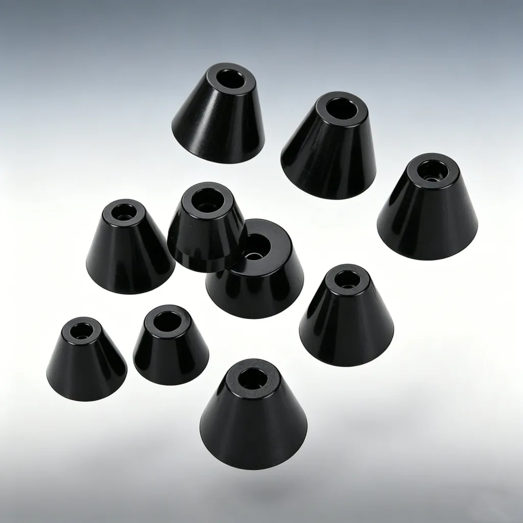 A set of black conical guitar knobs arranged on a gradient background, showcasing polished surfaces and central holes.