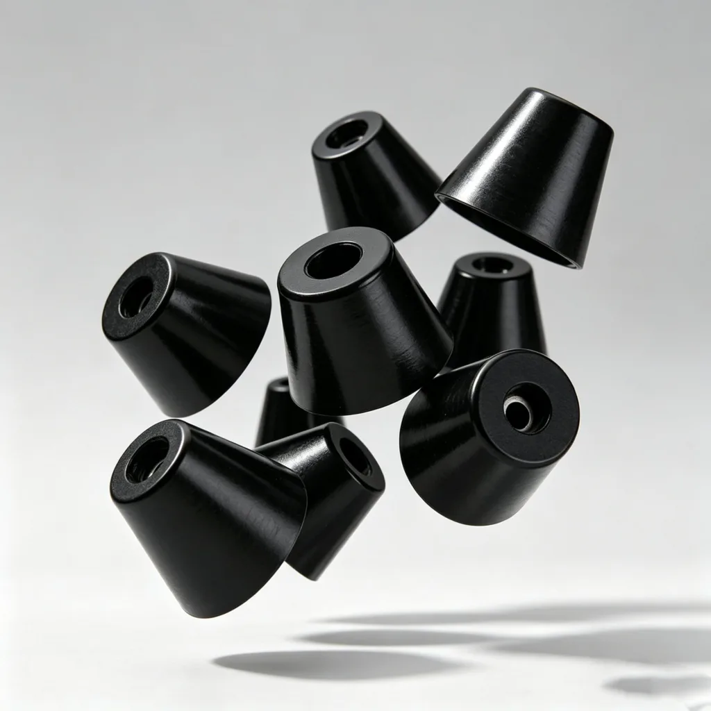 Multiple black conical rubber bumpers with holes, in mid-air on a gray background.