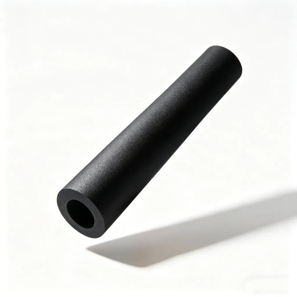 Matte black cylindrical tube with a hollow center, suspended in a minimal white background setting.