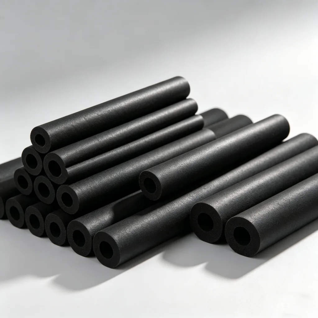 A neatly stacked arrangement of black foam insulation tubes with hollow centers on a light gray surface.
