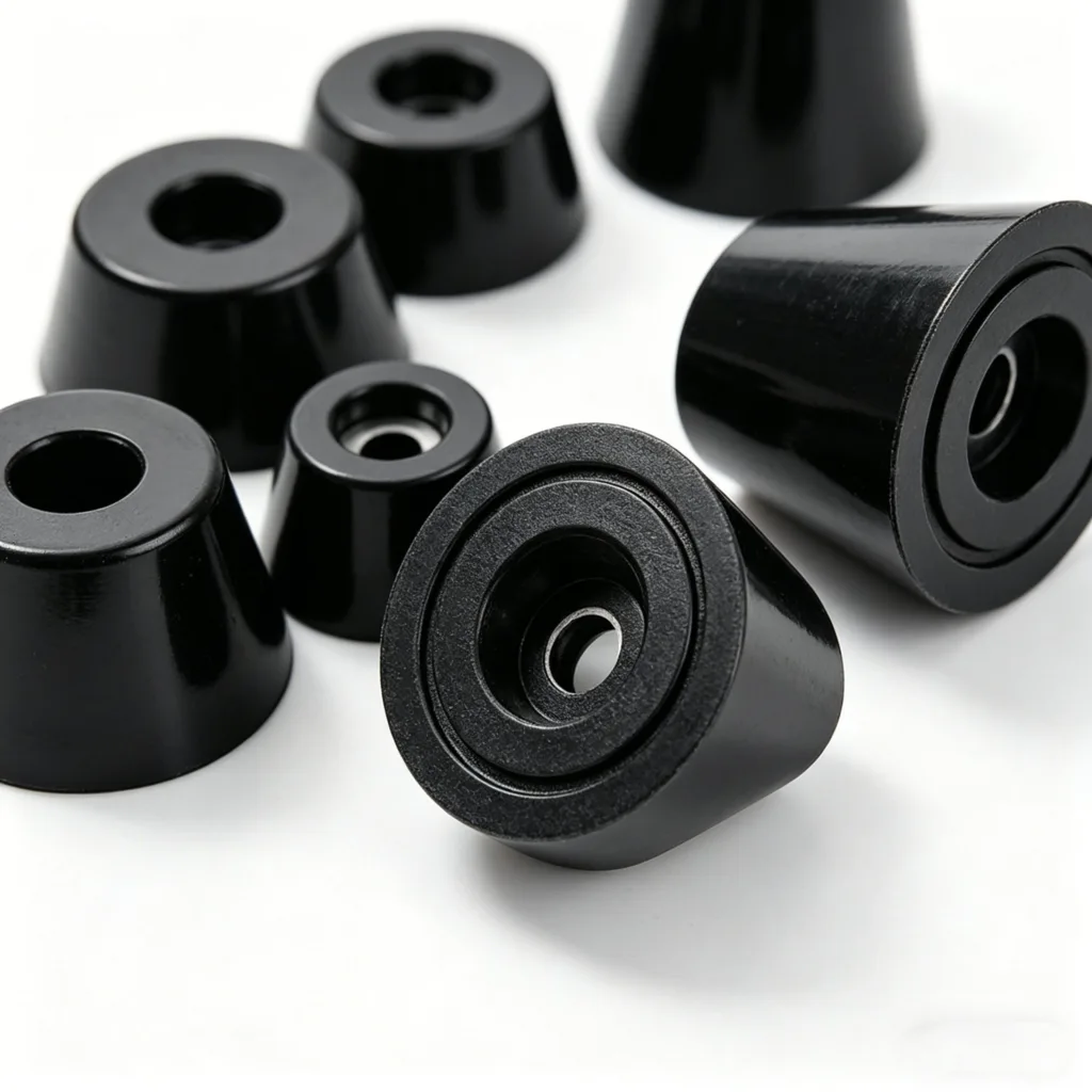 A collection of black metal cones with hollow centers arranged randomly on a white surface.