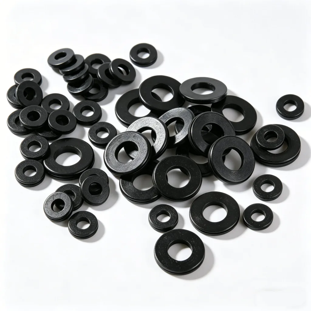 A collection of black metal washers of various sizes scattered across a white surface.
