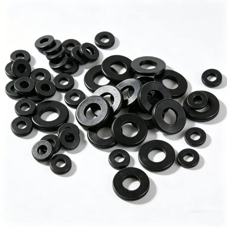 A collection of black metal washers of various sizes scattered across a white surface.