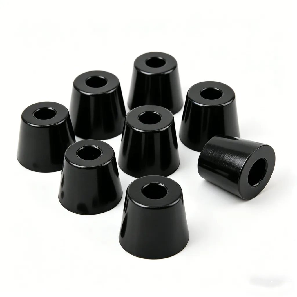 Eight black plastic spacers with cylindrical holes arranged on a white background.