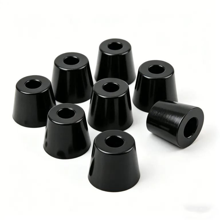 Eight black plastic spacers with cylindrical holes arranged on a white background.