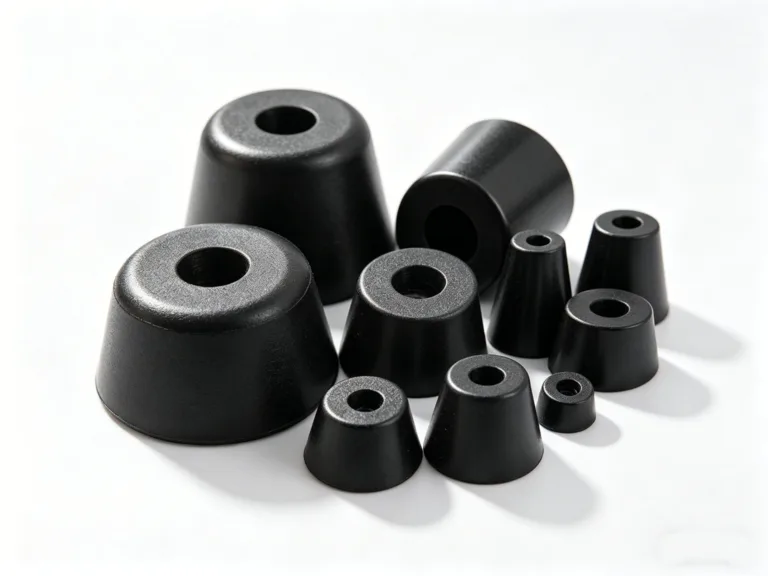An assortment of black rubber bumpers in different sizes and shapes arranged on a white background.