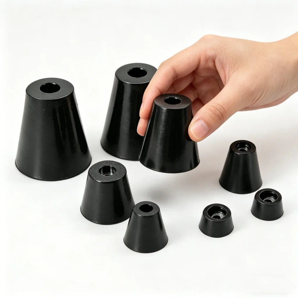 A set of black rubber cones in various sizes arranged on a white surface. A hand is lifting one cone, demonstrating their use.