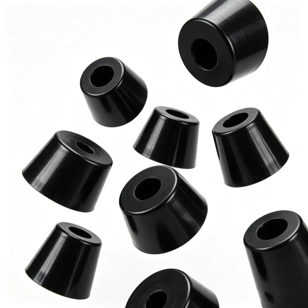 Several black conical rubber bumpers with central holes arranged on a plain white background.