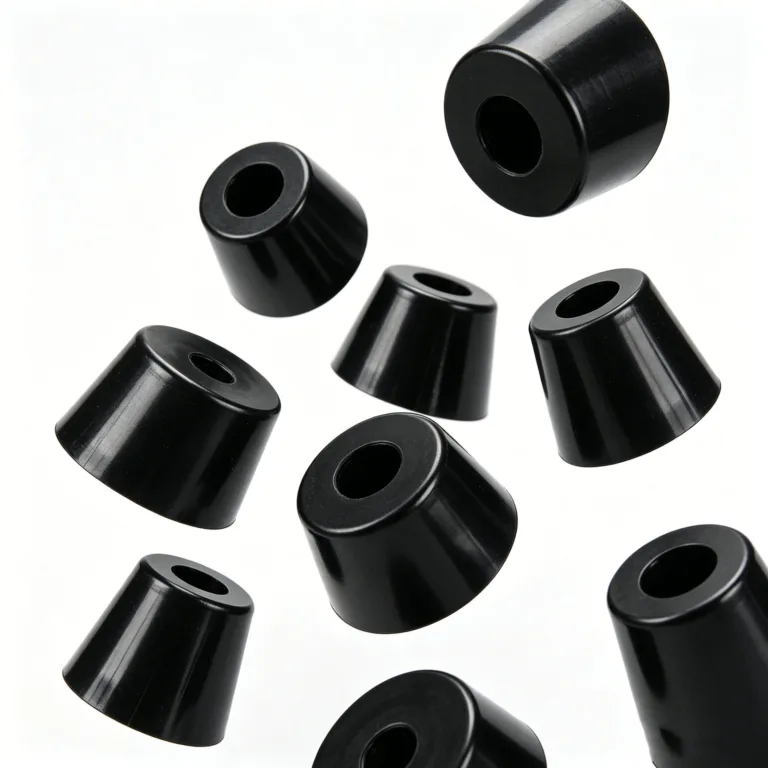 Several black conical rubber bumpers with central holes arranged on a plain white background.