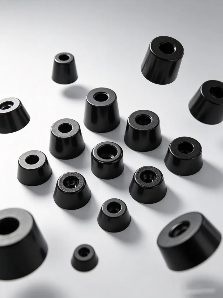 Various black rubber doorstops scattered on a white surface.