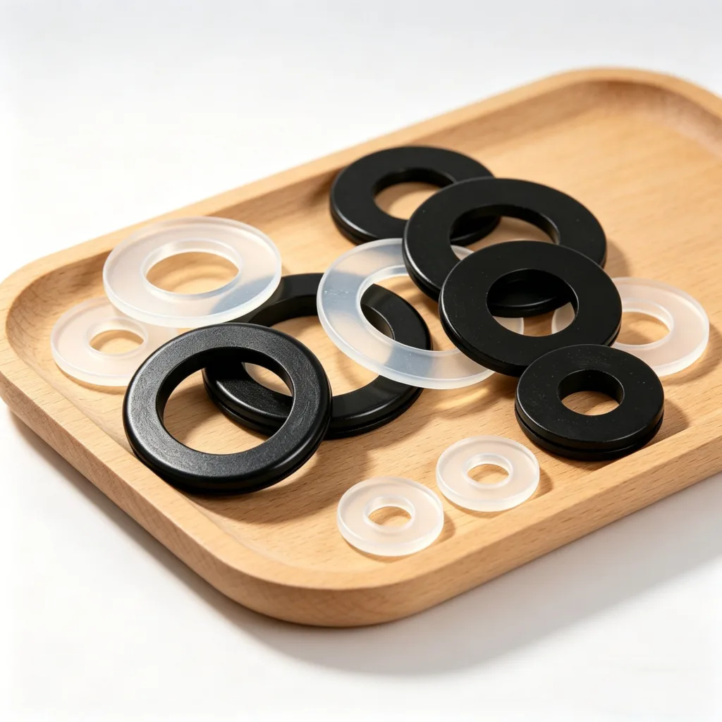 Assorted black and white round gaskets placed on a rectangular wooden tray under bright light.