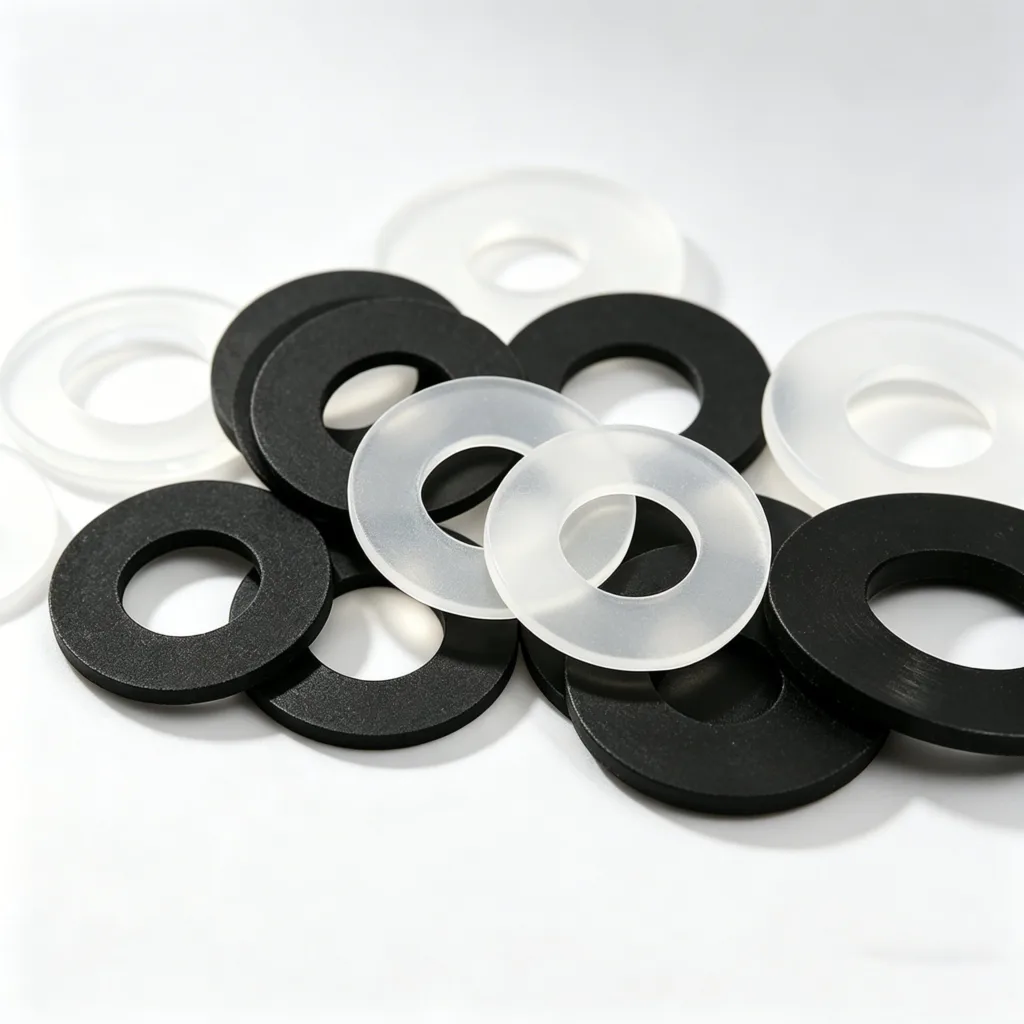 Pile of black and white rubber washers arranged on a white surface.