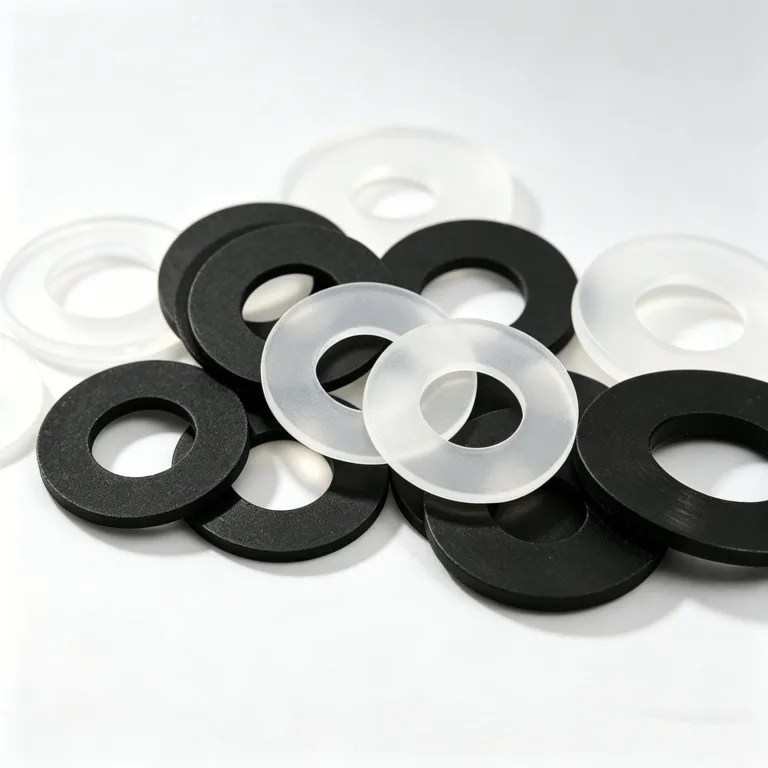 Pile of black and white rubber washers arranged on a white surface.