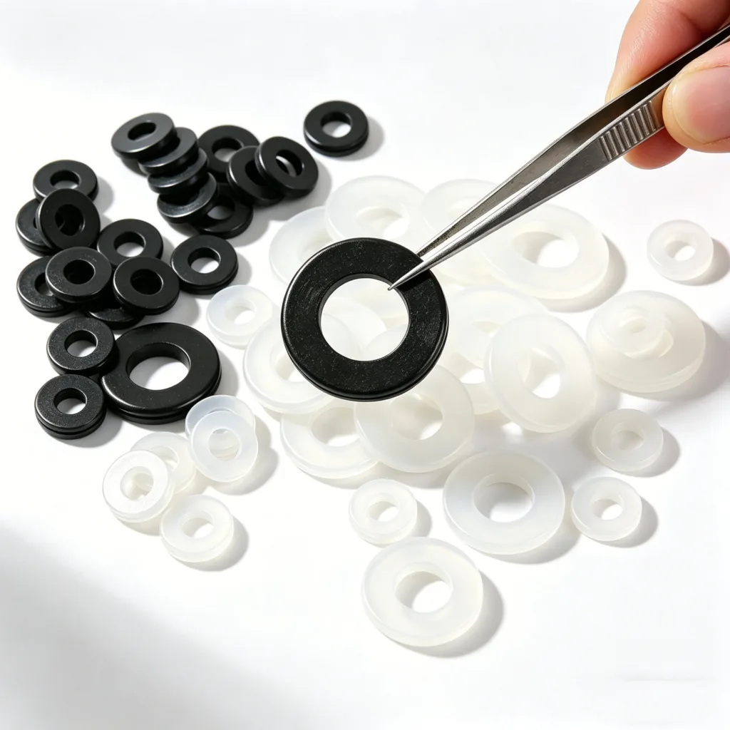 Close-up of assorted black and white plastic washers with a hand holding tweezers picking up a black washer.