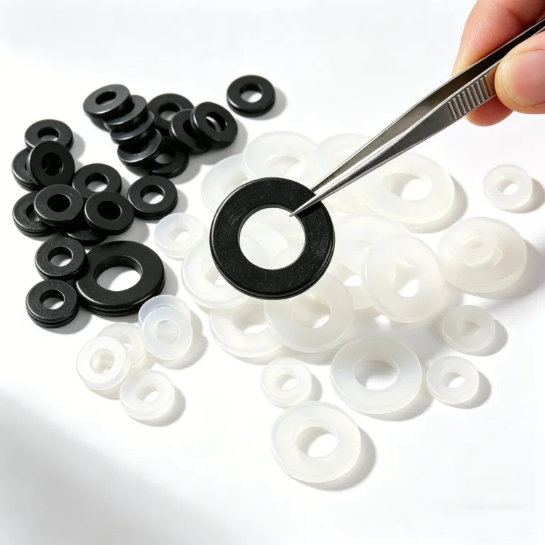 Close-up of assorted black and white plastic washers with a hand holding tweezers picking up a black washer.