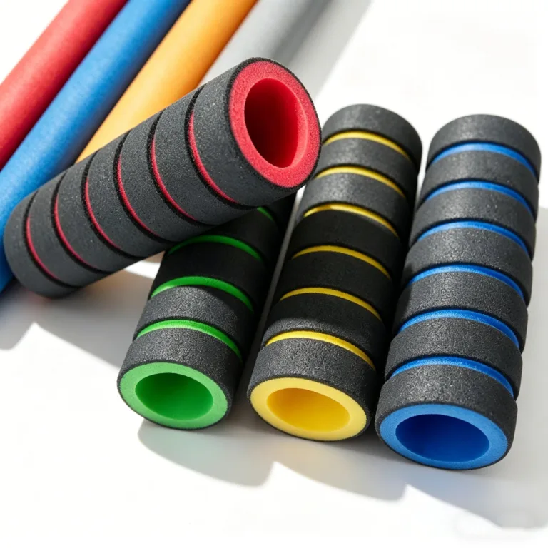 Close-up of colorful foam handles with striped patterns in red, green, yellow, and blue on a white background.
