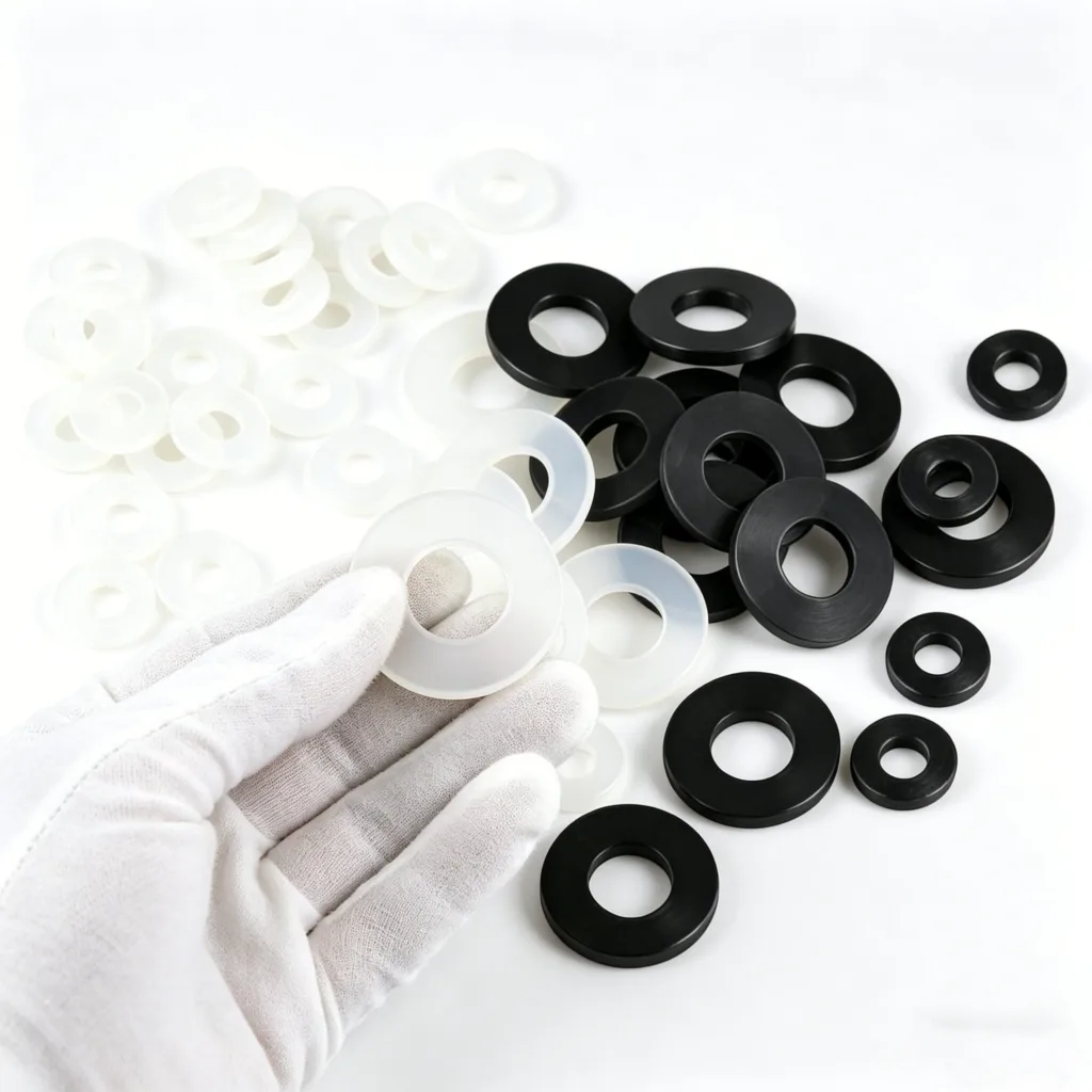 A hand in a white glove holding a white plastic washer, with a collection of black and white washers spread out on a white surface.