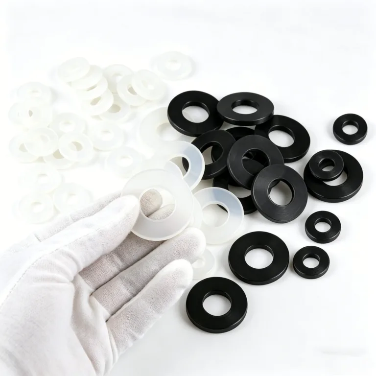 A hand in a white glove holding a white plastic washer, with a collection of black and white washers spread out on a white surface.