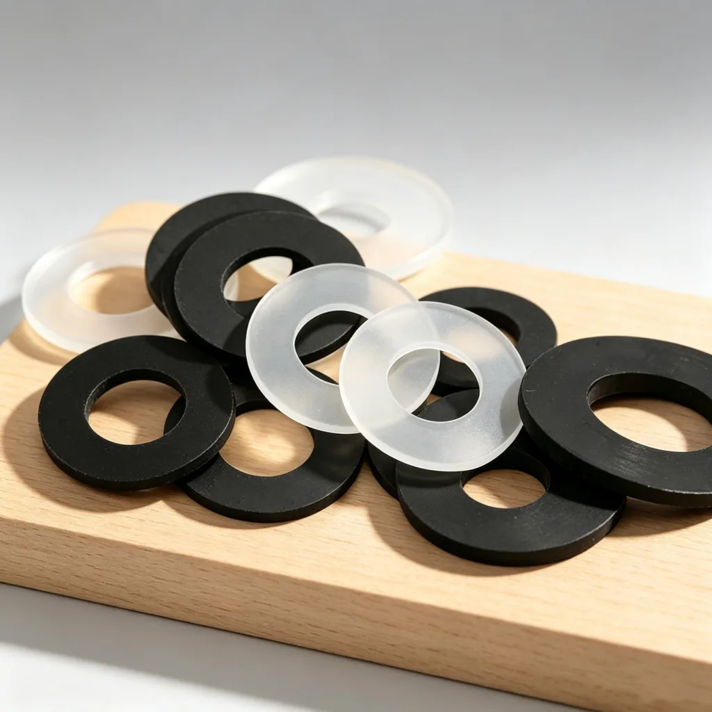 A pile of black rubber and translucent plastic washers arranged on a wooden surface under bright lighting.