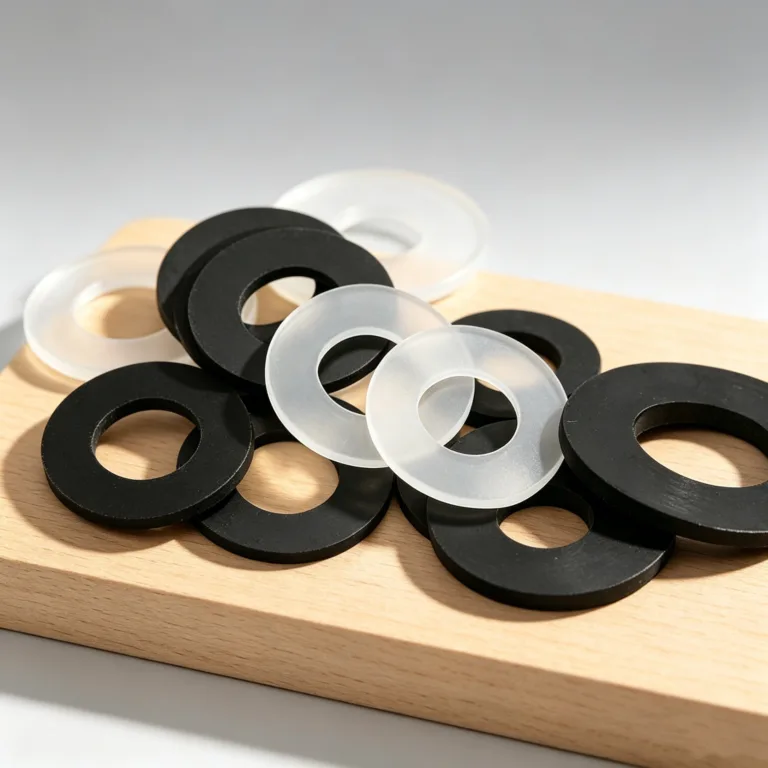 A pile of black rubber and translucent plastic washers arranged on a wooden surface under bright lighting.