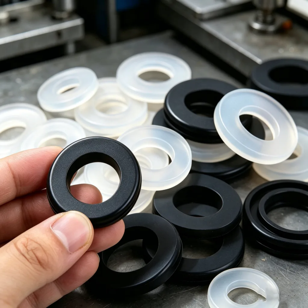 Close-up of black and white industrial O-rings on a metal workbench, with a hand holding one black O-ring.