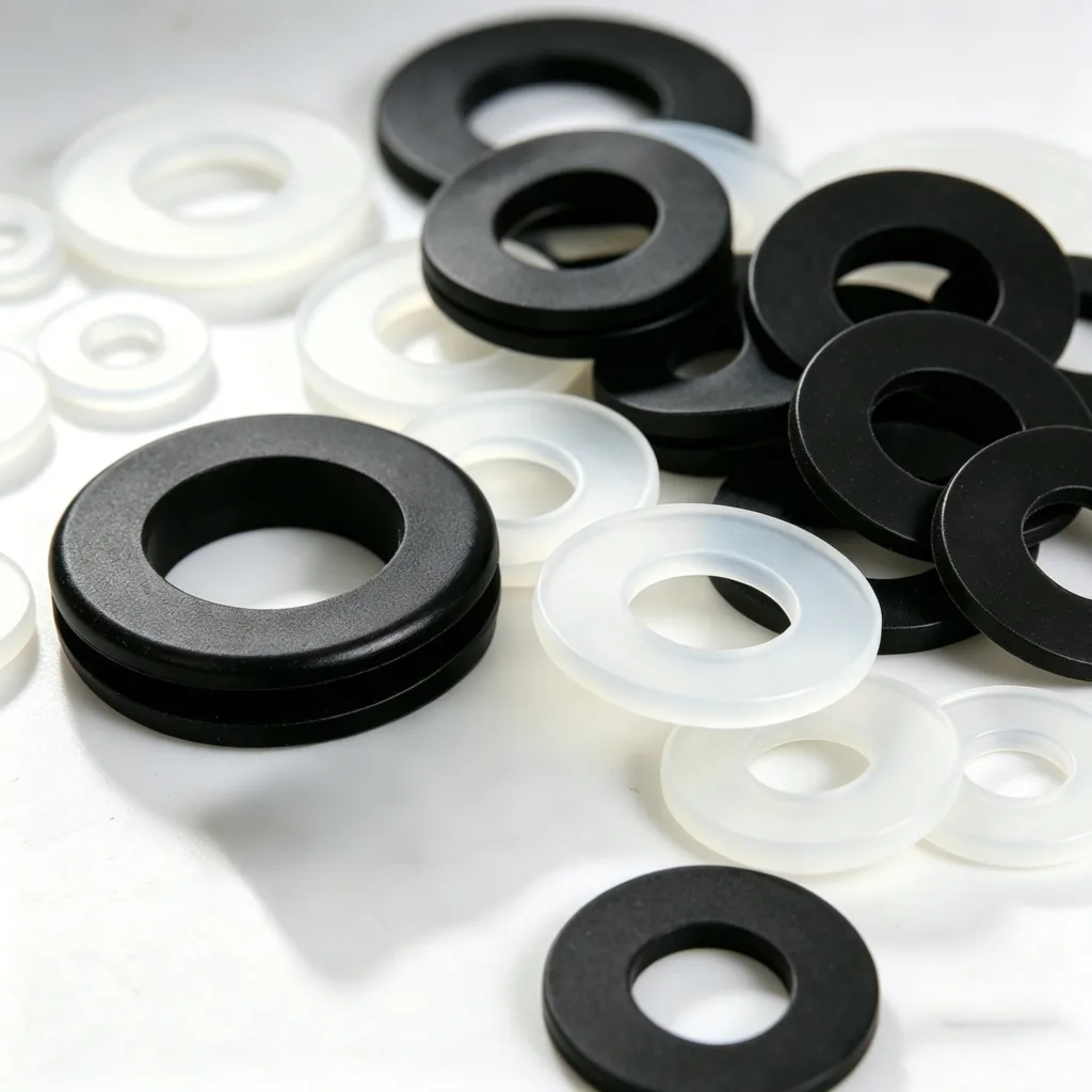 Close-up of black and white rubber washers in various sizes on a white surface, suitable for industrial or plumbing applications.