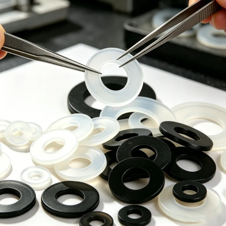 Hands using tweezers to examine black and white plastic washers of varying sizes laid out on a table.