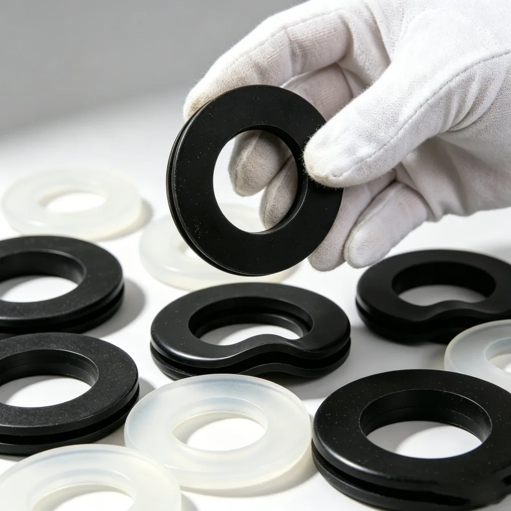 Close-up of a gloved hand holding a black circular gasket among white and black ones on a table.