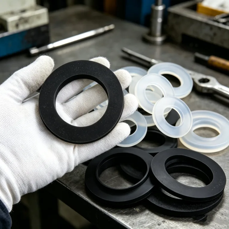 Gloved hand holding a black rubber ring with clear plastic rings on a metal workbench, alongside tools in a workshop.