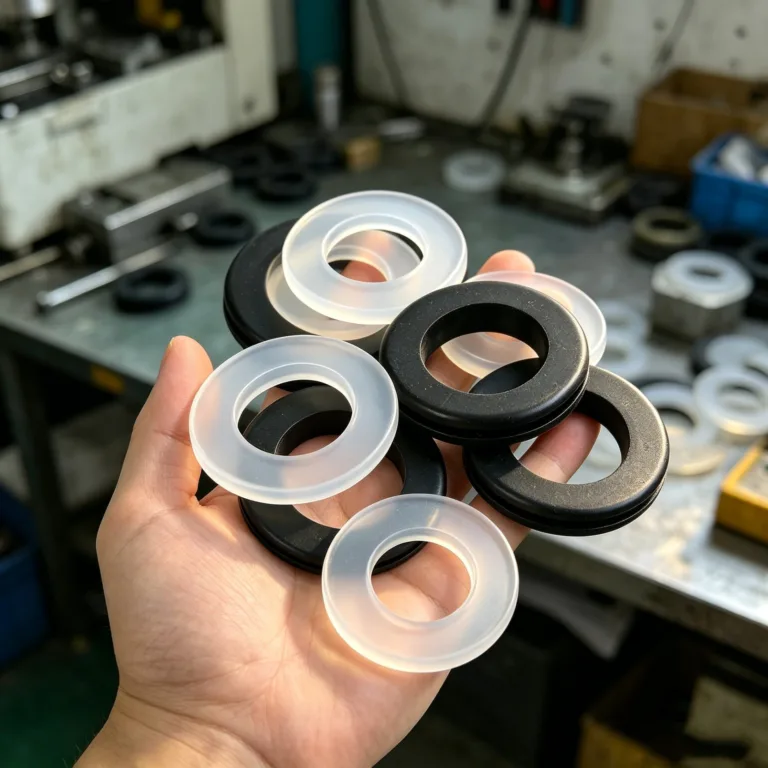 Close-up of a hand holding black and transparent circular industrial seals in a workshop with tools and workbench in the background.