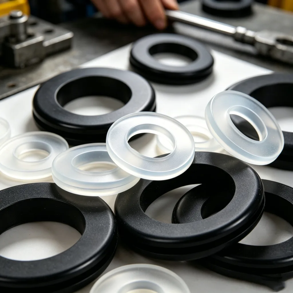 Close-up view of black rubber and clear plastic gaskets of various sizes on a workbench, with tools in the background.