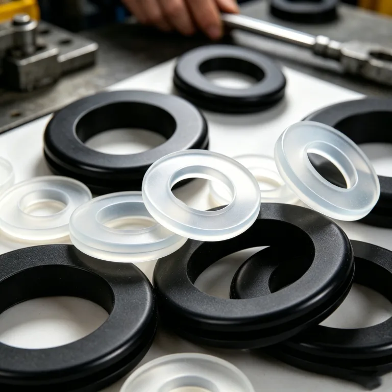 Close-up view of black rubber and clear plastic gaskets of various sizes on a workbench, with tools in the background.