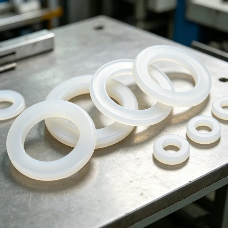 Several white plastic rings of varying sizes placed on a metal workbench in an industrial setting.