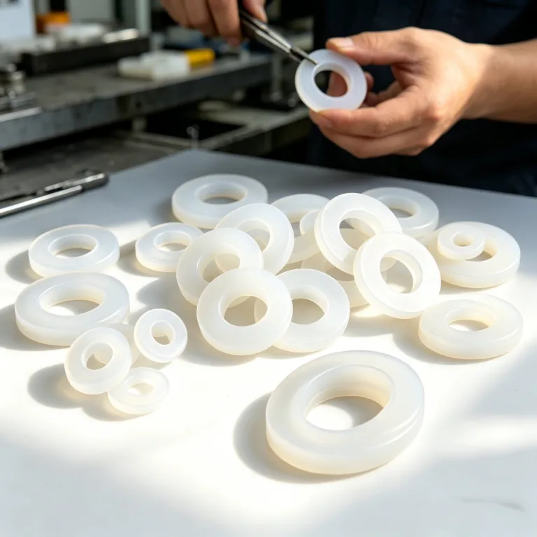 Person using a tool to inspect white plastic rings scattered on a table in a manufacturing setting.