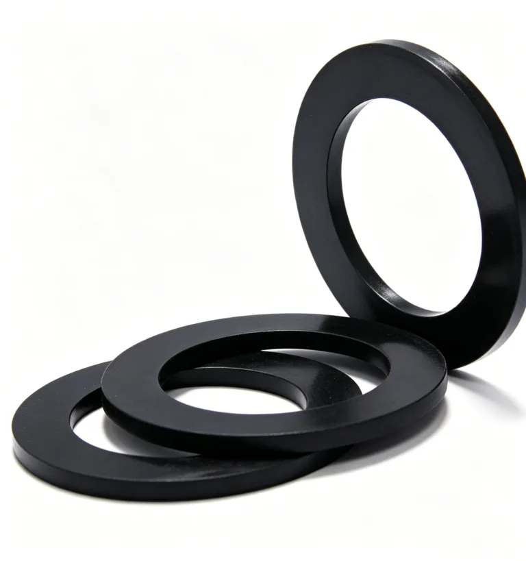 Three black metal rings placed on a white surface, with one ring standing upright.