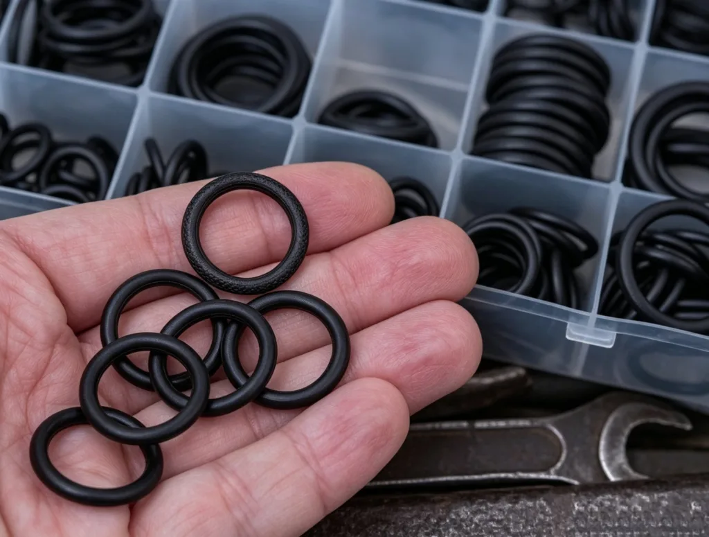 Close-up of a hand holding multiple black O-rings with a storage box containing assorted O-rings and tools in the background.