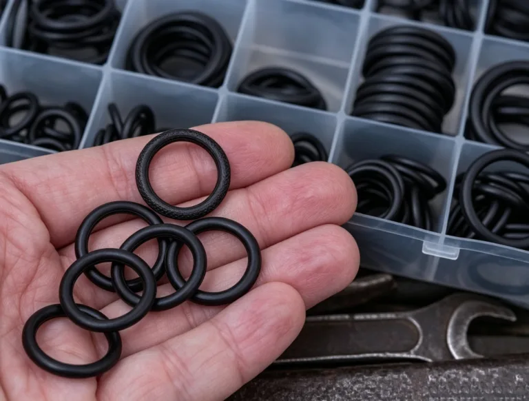Close-up of a hand holding multiple black O-rings with a storage box containing assorted O-rings and tools in the background.