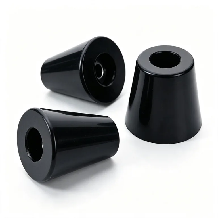 Three black conical furniture legs with a glossy finish placed on a white surface.