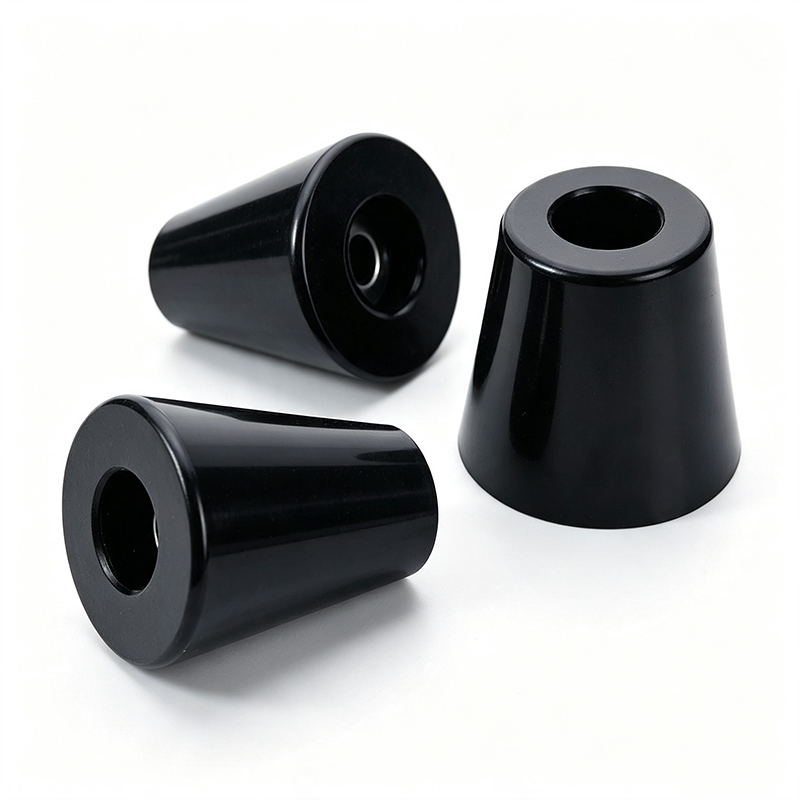 Three black conical furniture legs with a glossy finish placed on a white surface.