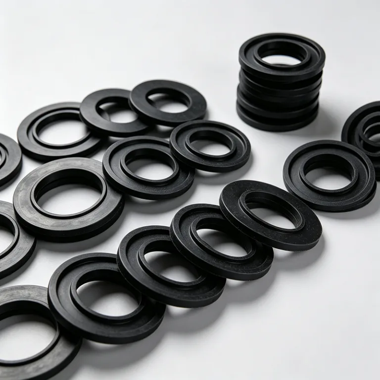 A collection of black rubber gaskets arranged in rows and stacked on a clean white surface.