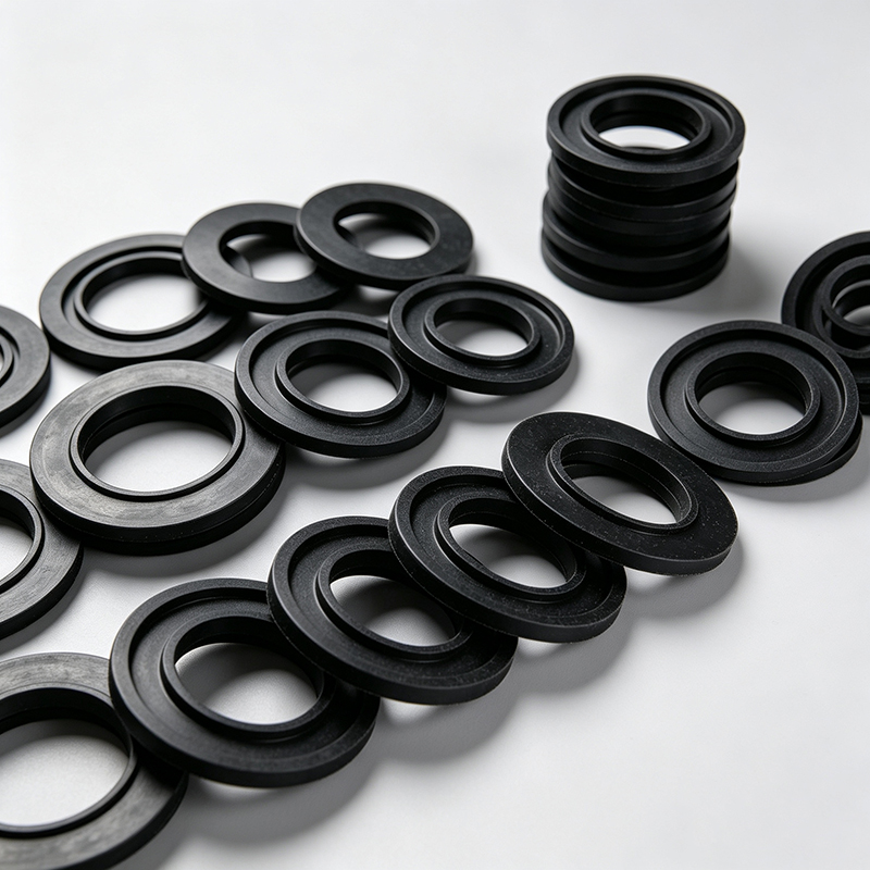A collection of black rubber gaskets arranged in rows and stacked on a clean white surface.