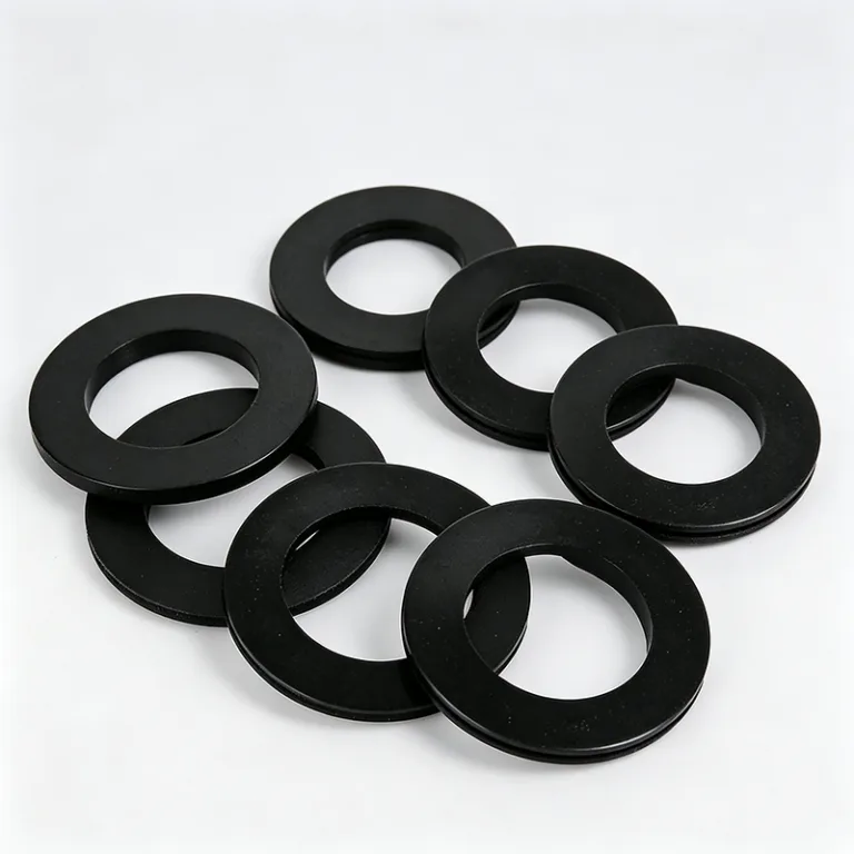 A group of black rubber gaskets arranged in a stack on a white background, commonly used in plumbing or mechanical applications.