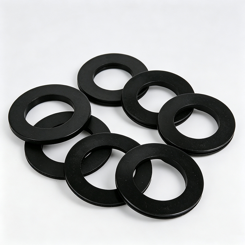 A group of black rubber gaskets arranged in a stack on a white background, commonly used in plumbing or mechanical applications.