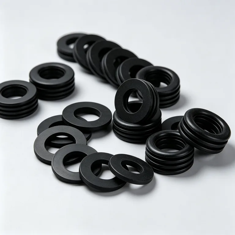 Close-up of black rubber gaskets neatly arranged in small stacks and scattered on a white surface.