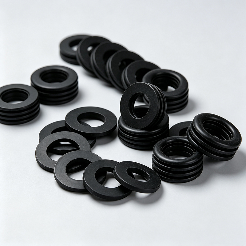 Close-up of black rubber gaskets neatly arranged in small stacks and scattered on a white surface.